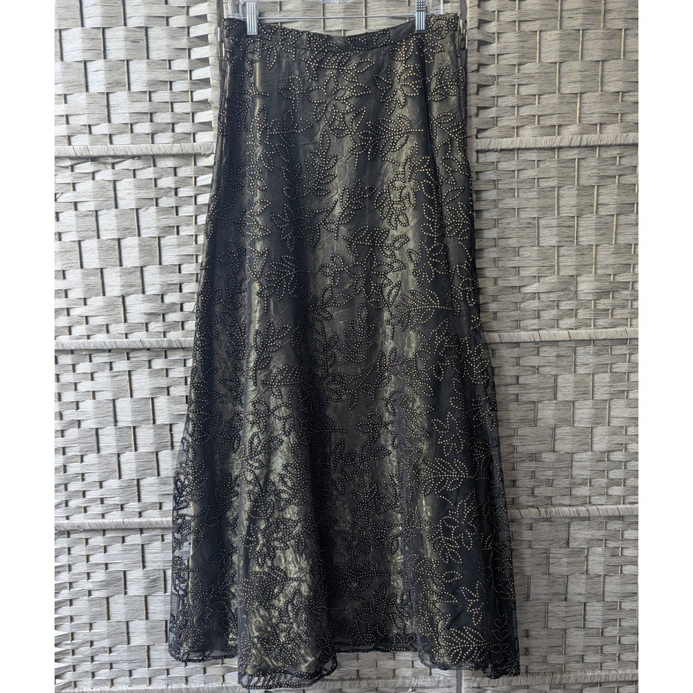 Sandra Darren Maxi Skirt Gold Black Metallic Floral Mesh Overlay Sz 10 Festive